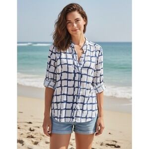 Antilia Femme Blue And White Pullover Tunic Tab Sleeves Nautical Blouse Small